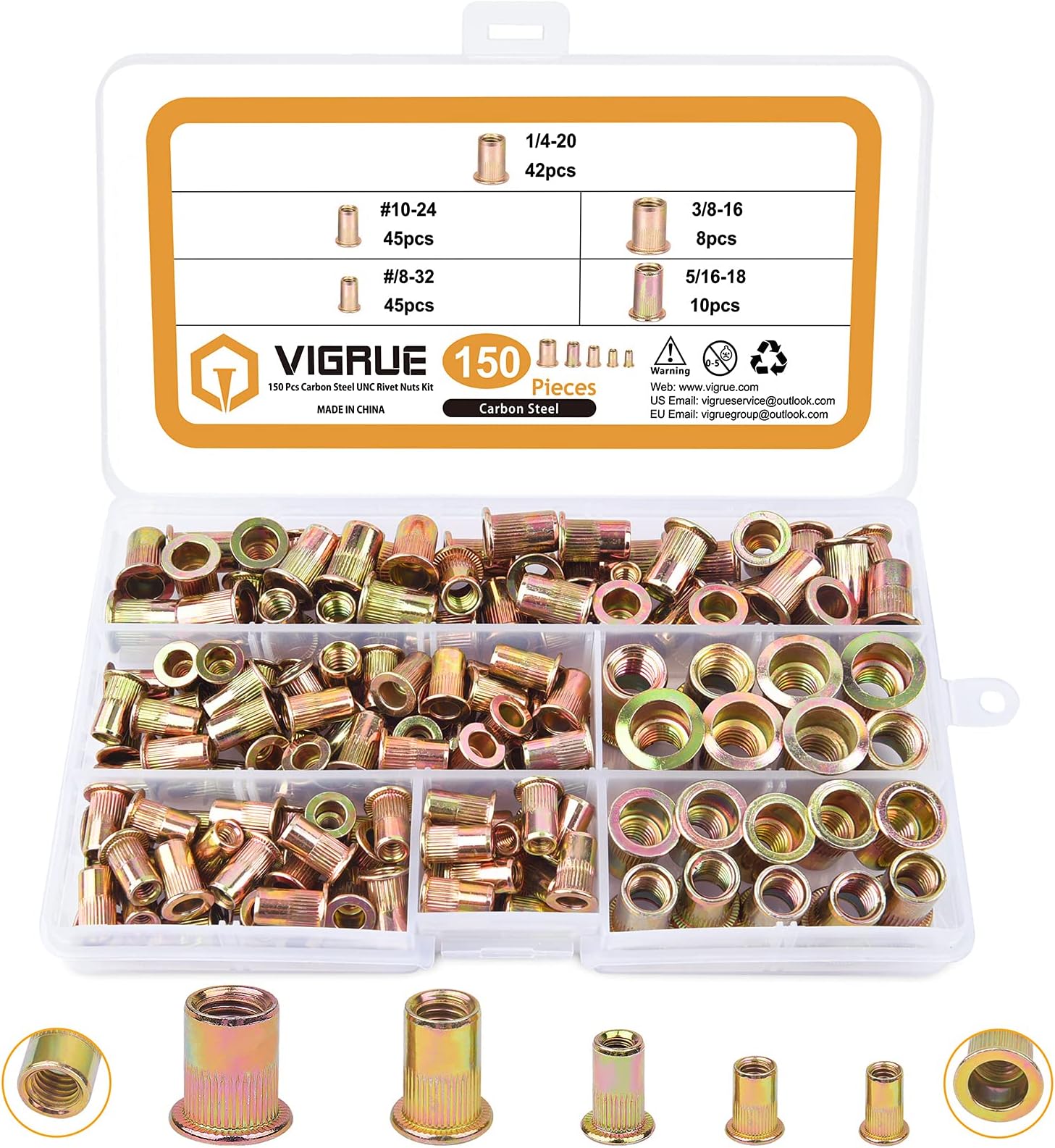 150pcs #8-32#10-24 1/4"-20 5/16"-18 3/8"-16 Carbon Steel UNC Rivet Nuts Assortment Kit, Yellow Zinc Plated Finish, Flat Head Threaded Insert Nut Assort