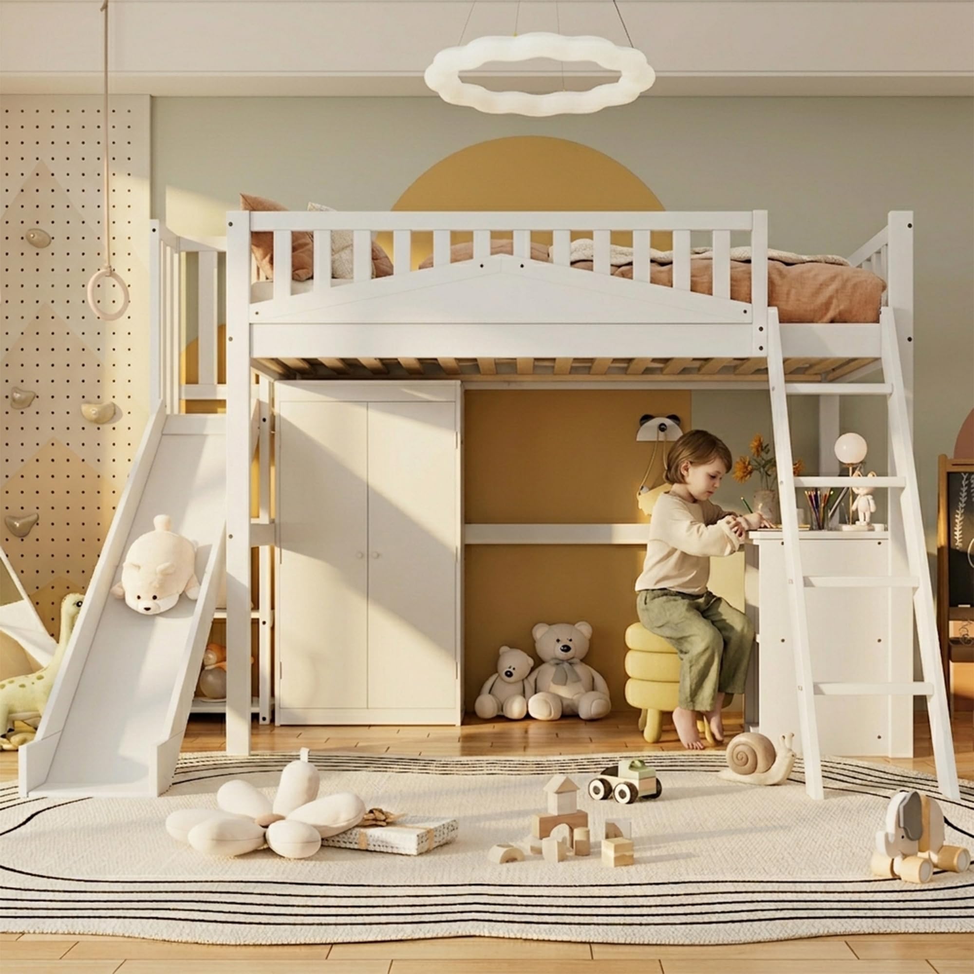 Dolamaní Hochbet 90x200 cm mit Kinder Rutsche und Kleider Schrank, Kinderbett mit Fallschutzgitter und Schreibtisch, Reichlich Stauraum, Kiefer Holzbett (Weiß B)
