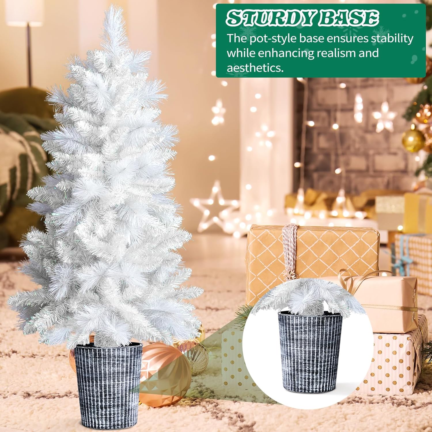 Artificial Christmas Tree with Pot Stand for Indoor Decor, 4 Foot White Unlit Pine Tree with 200 Branch Tips for Home Office Party