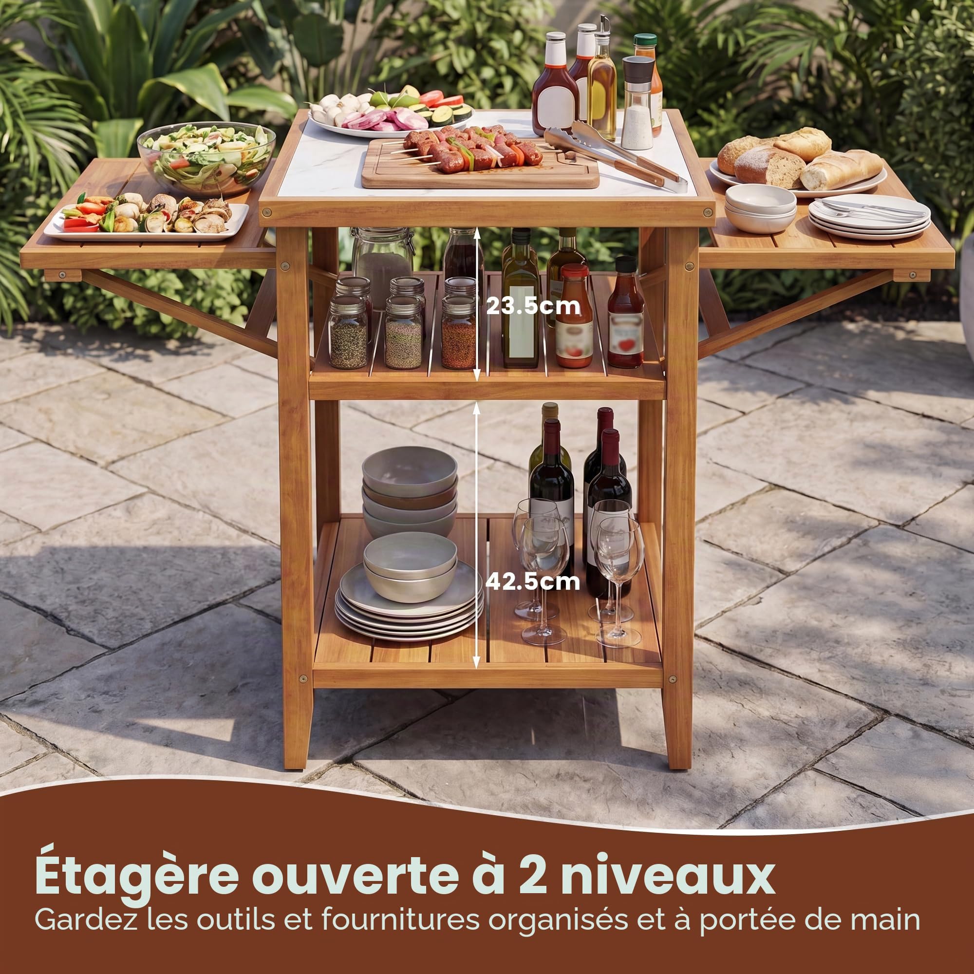 GOPLUS Table de Barbecue Extérieure en Bois d'Acacia, Desserte Plancha avec Dessus en Résine Faux Marbre, 2 Plateaux Rabattables, 2 Étagères Ouvertes, pour Jardin, Terrasse, 124,5 x 60 x 89,5 cm