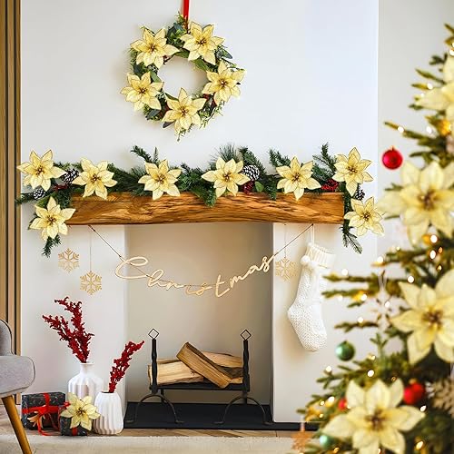 Miniatura 4 de 12 flores de pascua artificiales con tallo, decoración de Navidad con purpurina, adornos de Navidad para árbol de Navidad, decoración de flores de