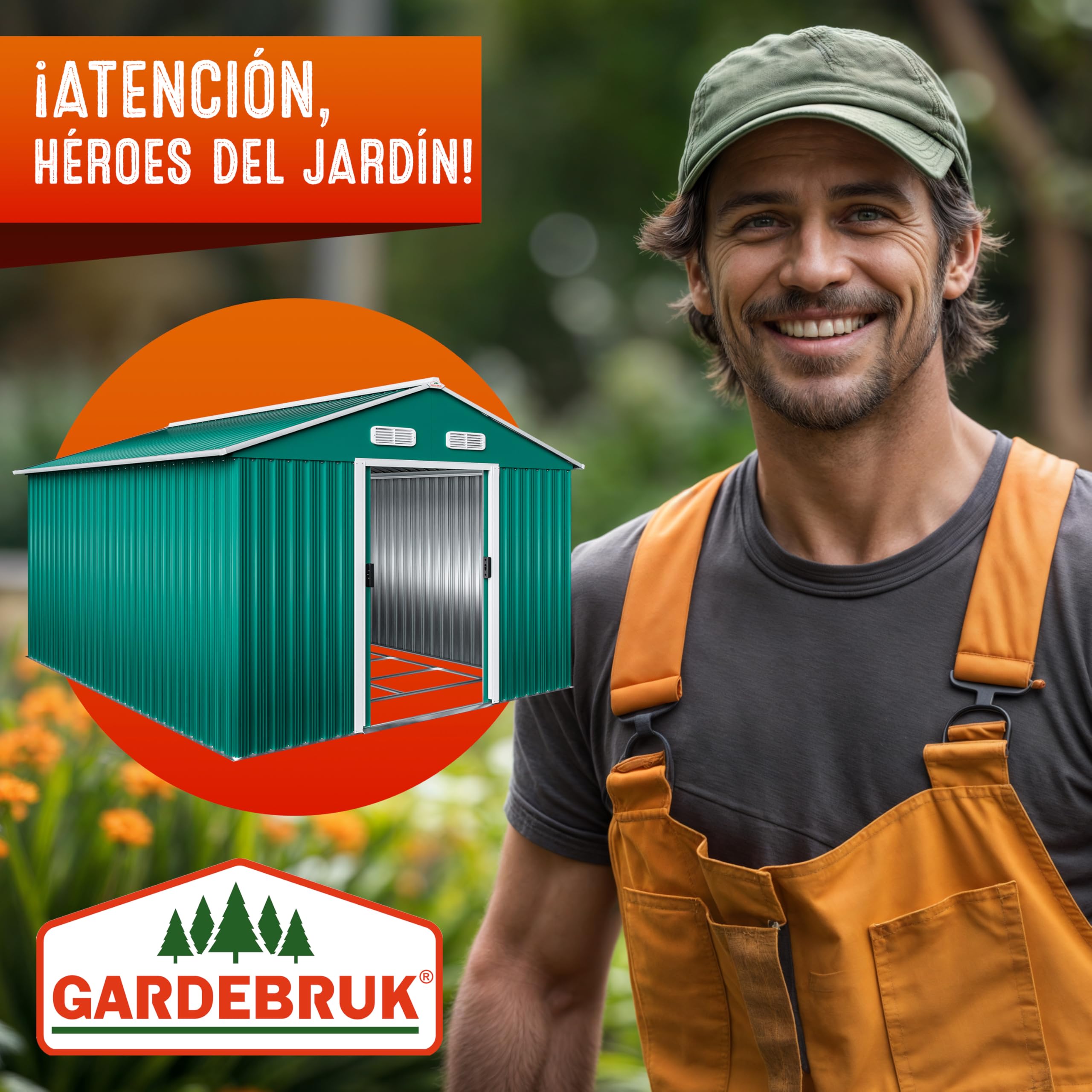 GARDEBRUK® Cobertizo de Jardín 8 m² 312x257x178 cm Caseta Metálica Exterior 15m³ con Base Puerta Corrediza Verde