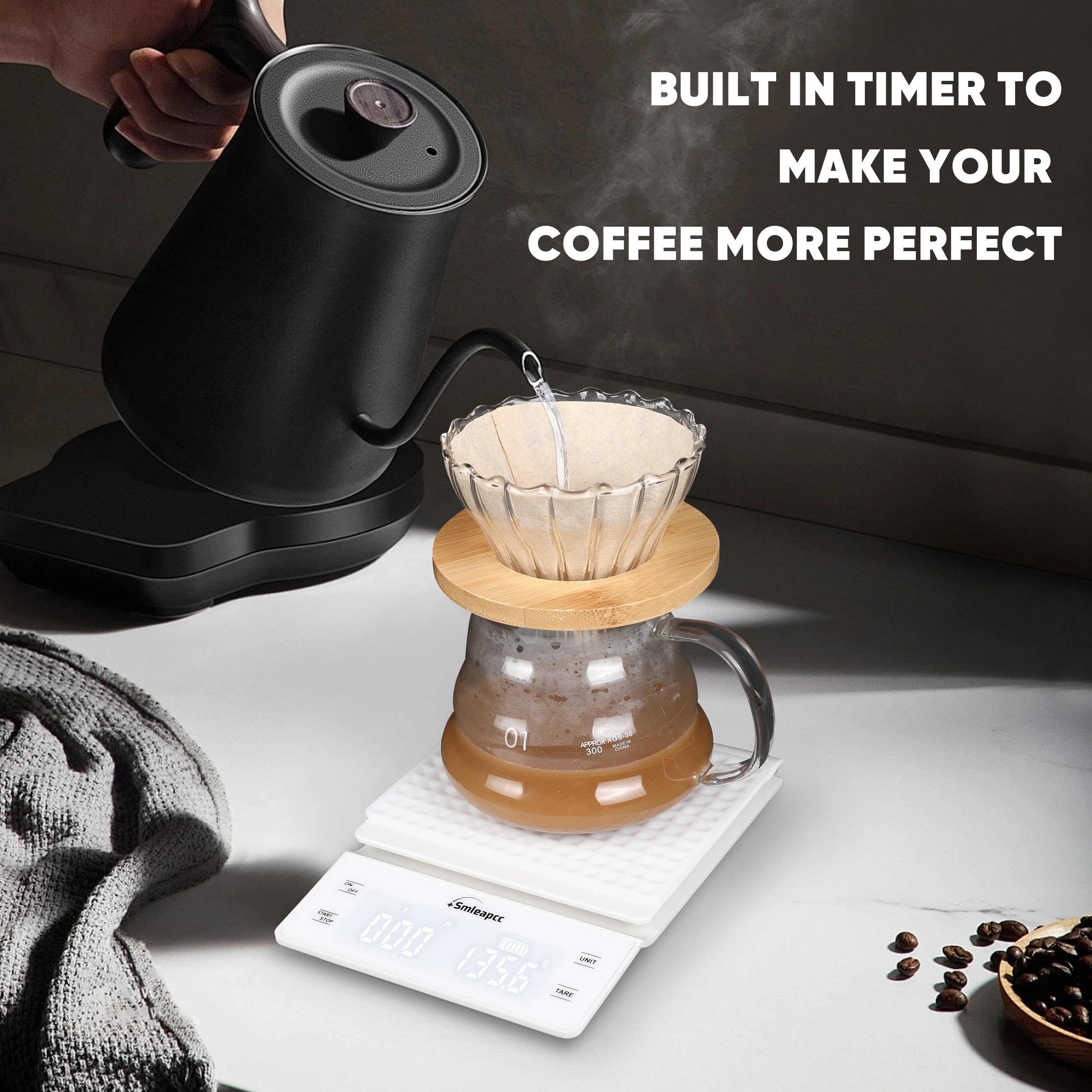 Bilancia da caffè con timer, 0,1 g/3 kg, piccola bilancia digitale multifunzione ad alta precisione, bilancia da cucina digitale accurata (bianco)