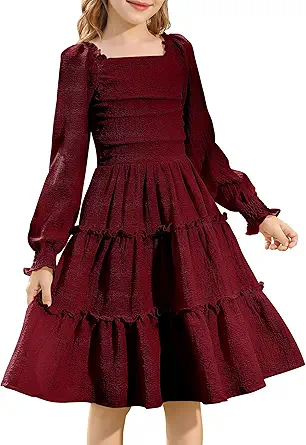 HOZIY Girls Long Sleeve Dress Ruched Smocked Tiered Ruffle A-Line Casual Boho Teen Dresses with Pocket Size 6-16 Years