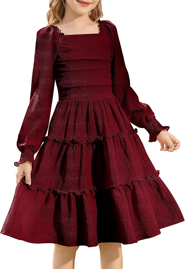 HOZIY Girls Long Sleeve Dress Ruched Smocked Tiered Ruffle A-Line Casual Boho Teen Dresses with Pocket Size 6-16 Years