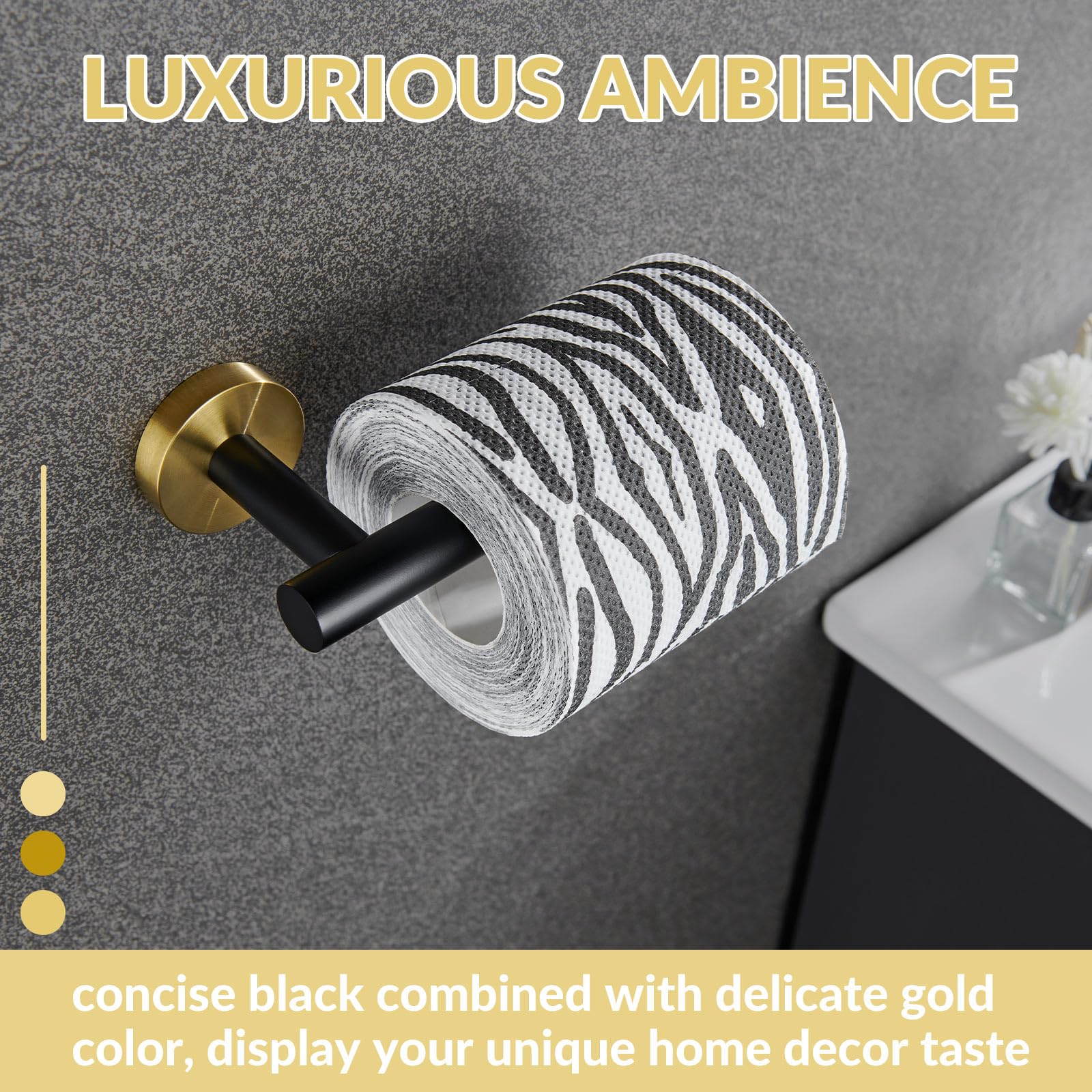 Soporte de papel higiénico redondo de acero inoxidable medio abierto, para almacenamiento de pared de baño y cocina (negro y dorado) 3