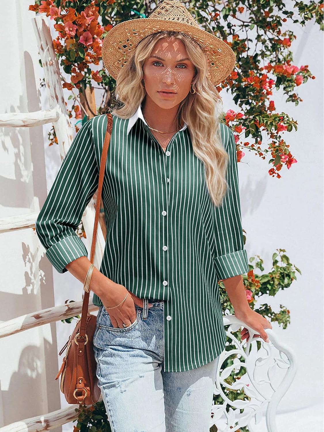 Striped Button Down Shirts for Women Cotton Dress Shirt Long Sleeve Collared Blouse Tops Business Office Attire - Image 3