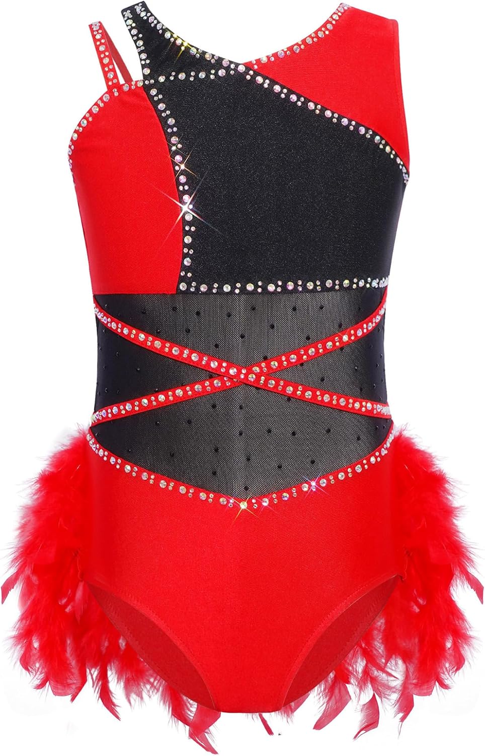 Girls Shiny Rhinestones Jazz Dance Dress Sleeveless Feather Latin Dance Dress Cha Cha Ballroom Dancewear