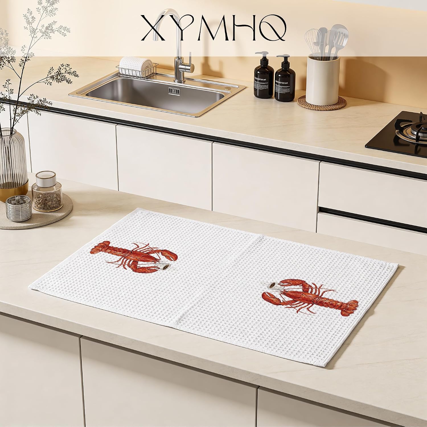 Funny Lobster Gift & Coffee Gift Kitchen Towels 16x24, Watercolor Lobster Decor Coffee Mug Dish Towel, Coastal Beach for Women Men