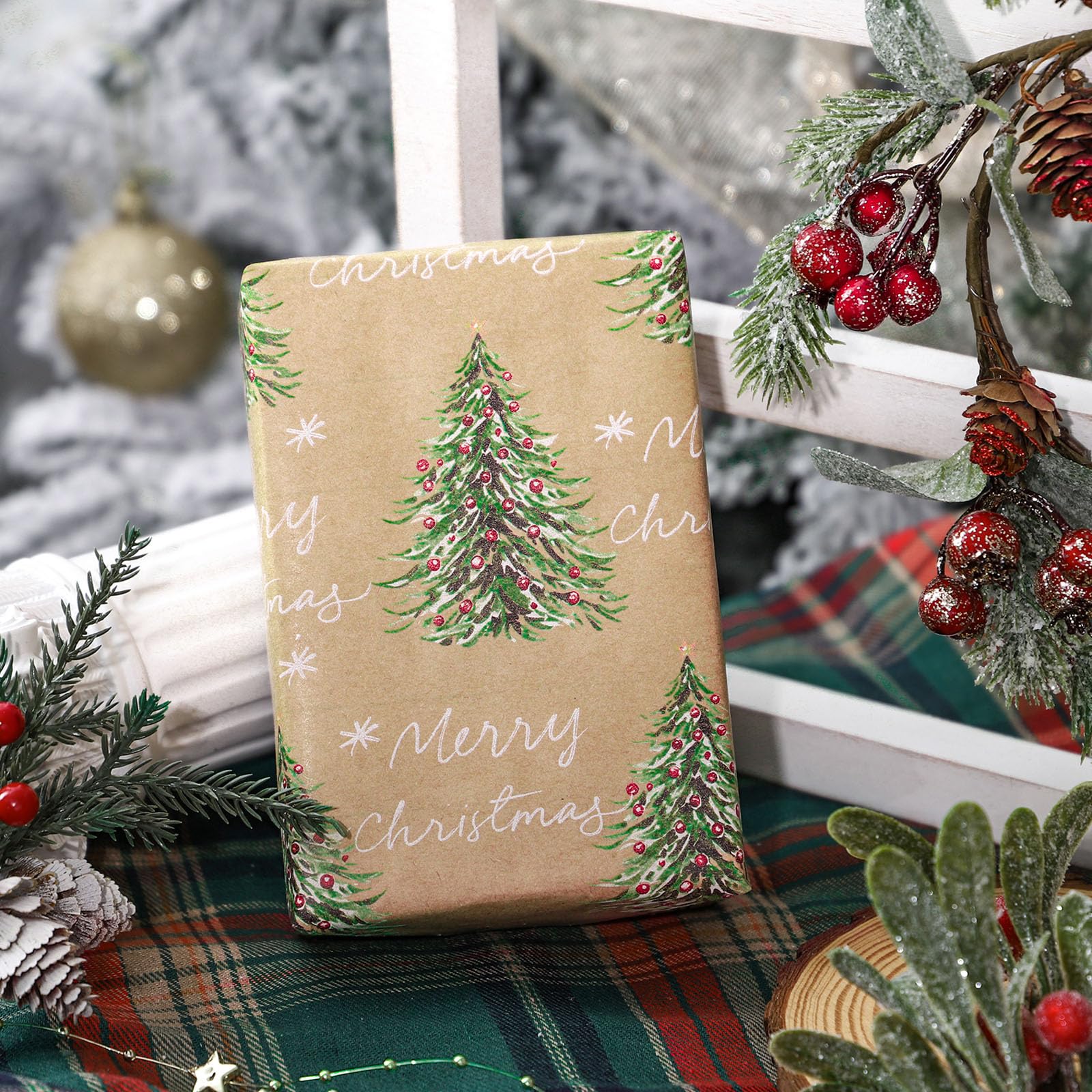 Rouleau Papier Emballage Noël Kraft 3D - Arbre De Noël Or Et Blanc Gaufré - 43,2 Cm X 5 M - Mini Rouleau Festif