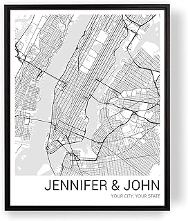 [SF Customizables] Custom City Map Art, Any Street Map, Your Map Personalized Print with Text in Bottom Right Modern Anniversary Gift [Framed Poster]