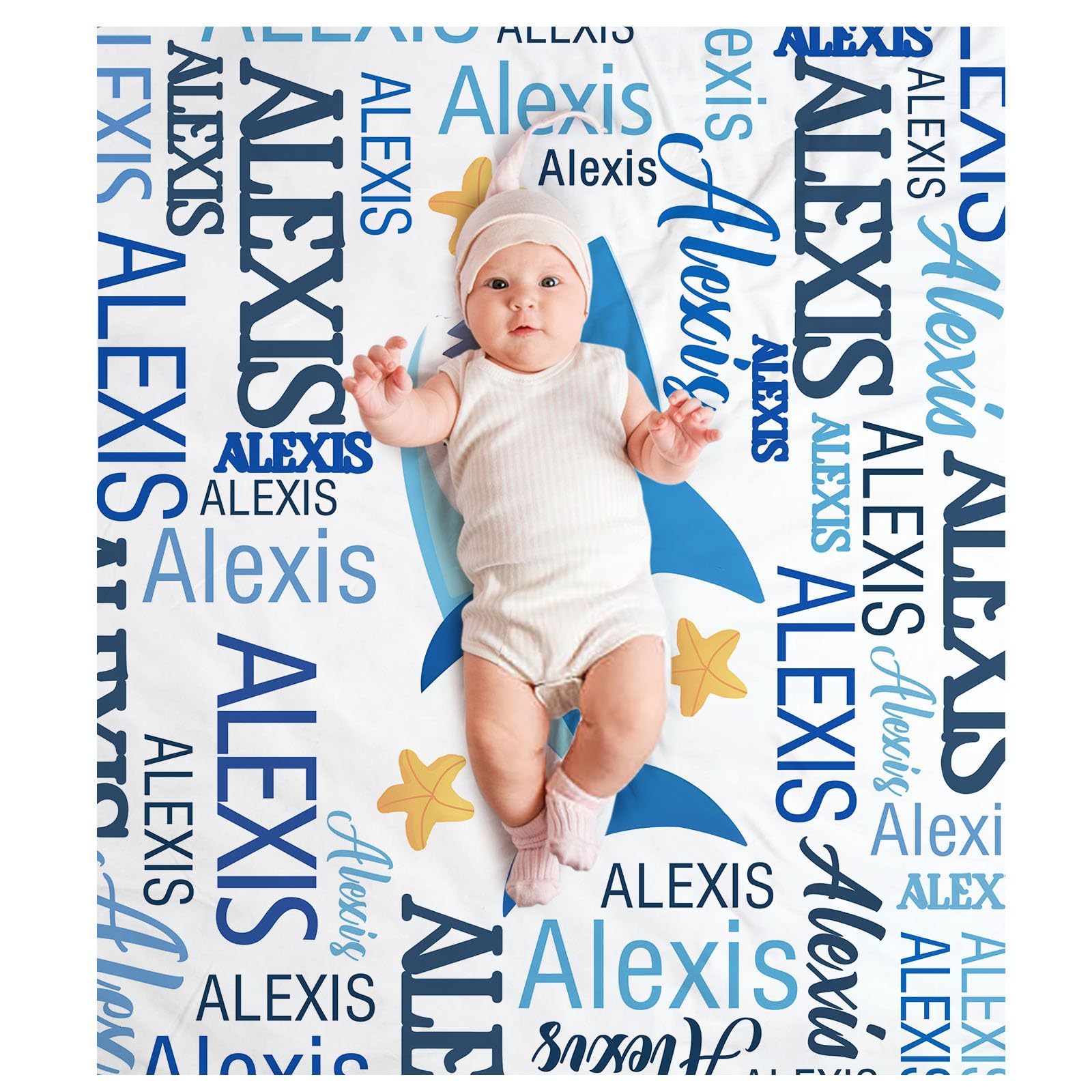SearchI Personalised Soft Baby Blanket Boys Girls,Cute Elephant Custom Fluffy Warm Throw Blanket with Name Gift for Newborn Toddlers Adults Birthday Christmas Shower Gift(70x100cm,Blue shark)