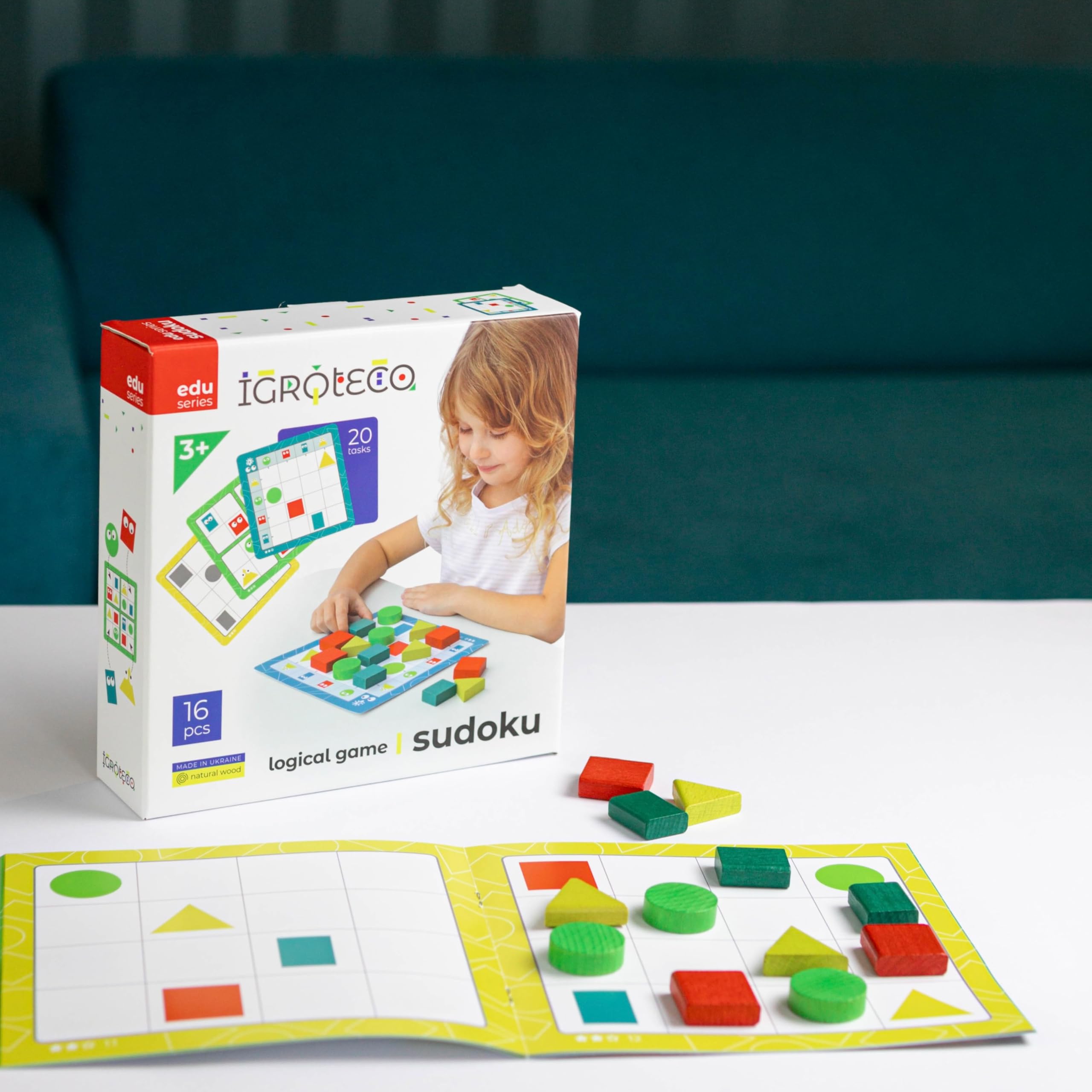 Sudoku Geométrico de Madera – Juguete Educativo con 16 Piezas y 20 Tareas – Estimula la Lógica y la Motricidad Fina – Apto Desde 3 Años
