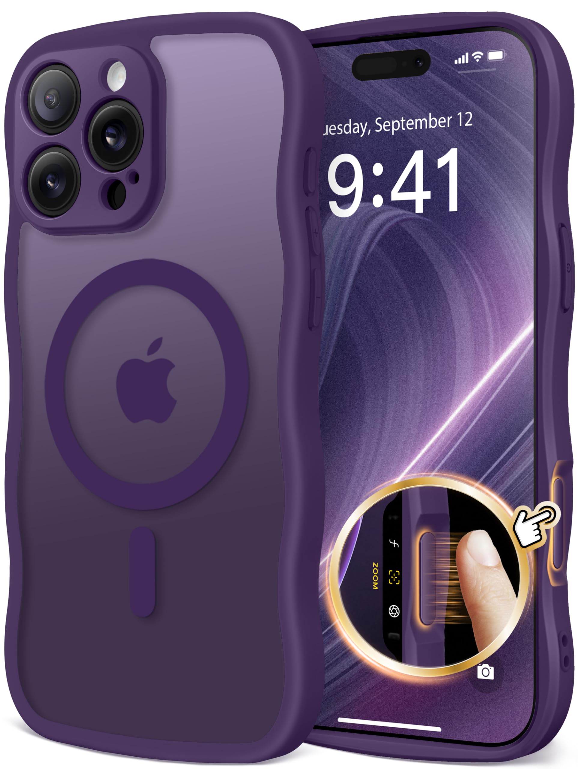 CAPRARO for iPhone 16 Pro Max Case for Women Girls, Upgraded [Full Camera Protection] [Compatible with MagSafe] Cute Wave Translucent Matte Phone Case for iPhone 16 Pro Max, Deep Purple