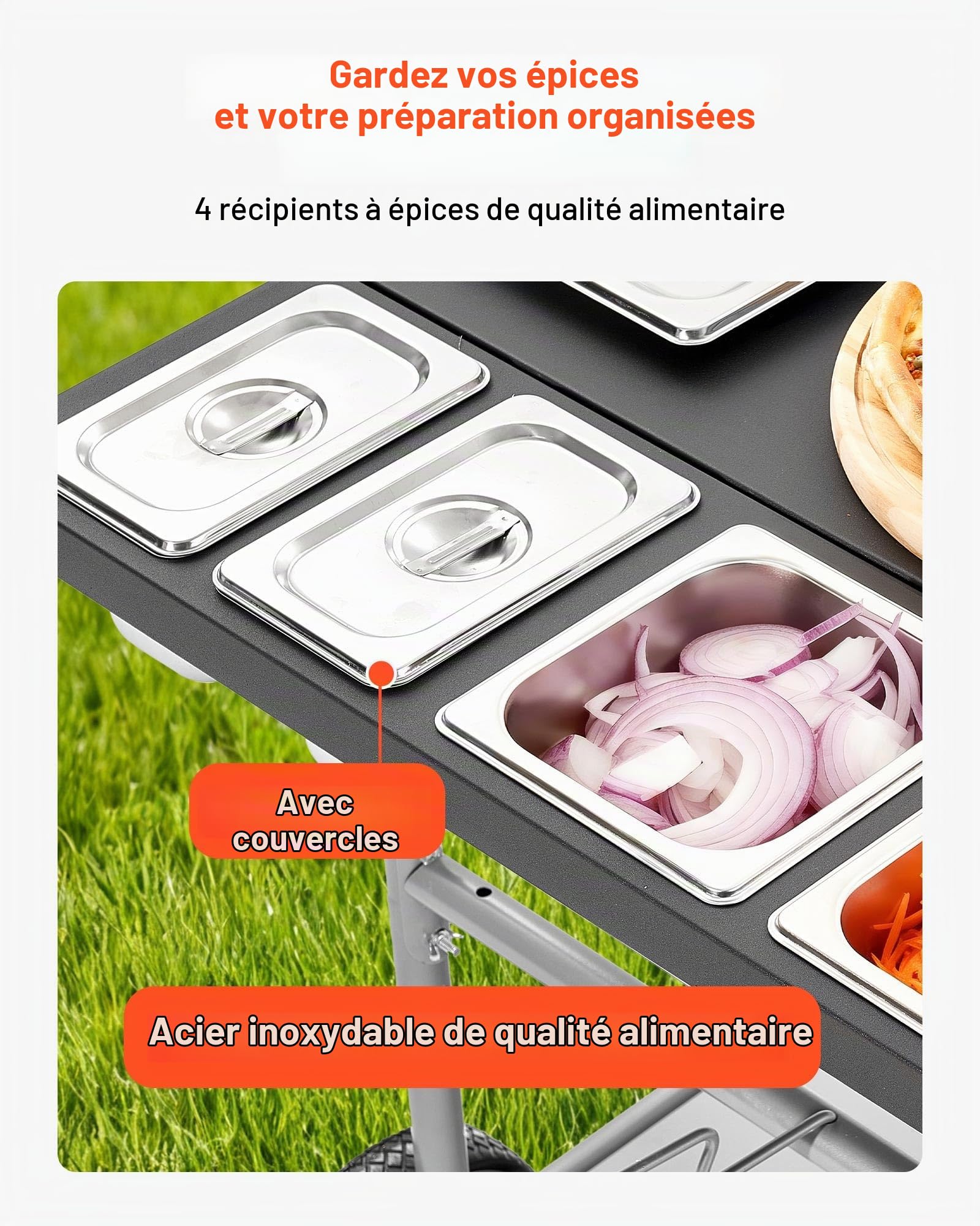 VEVOR Desserte de Jardin pour Plancha, Chariot de Barbecue 136x76x79 cm, pour Préparation de Cuisine BBQ Piques-niques Terrasse Extérieur, avec Roues, Récipients à Épices, Couvercles et Crochets