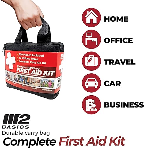 Miniatura 8 de M2 BASICS Kit de primeros auxilios premium, 300 piezas, 40 artículos únicos, kit de primeros auxilios para el hogar, automóvil, vehículos, negocios,