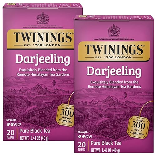 Twinings Darjeeling Tea - Un té negro delicado y seco, alternativa sofisticada al café con menos cafeína, bolsas de té envueltas individualmente, 20