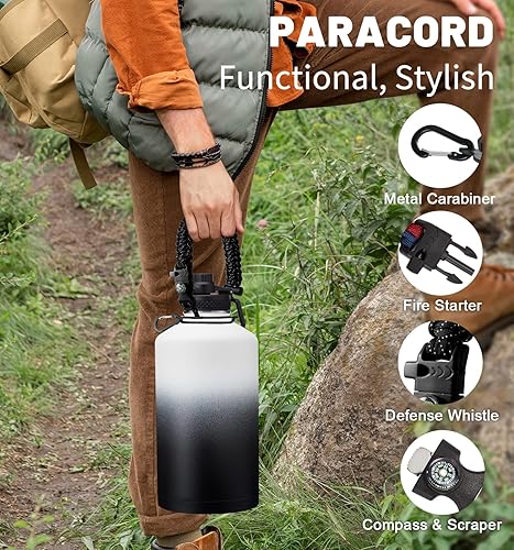 Miniatura 6 de Botellas de agua aisladas de 1 galón, botella de agua de acero inoxidable de 128 onzas con popote y tapa de pico automático, mango de paracaídas,