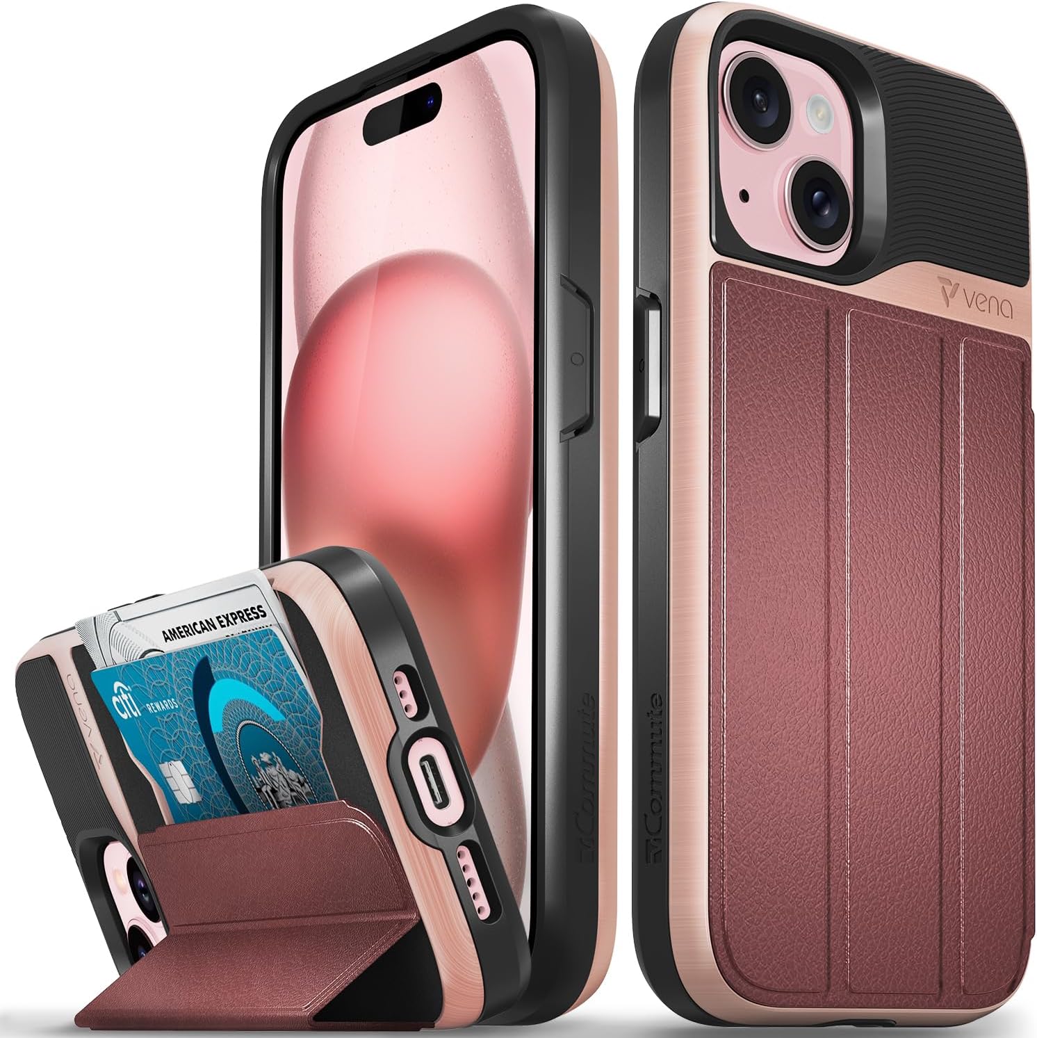 VENA VCommute Wallet Case Compatible With Apple IPhone 15 Pro Max (6.7"), (Military Grade Drop Protection) Flip Leather Cover Card Slot Holder With Kickstand - Space Gray / Black - View #9