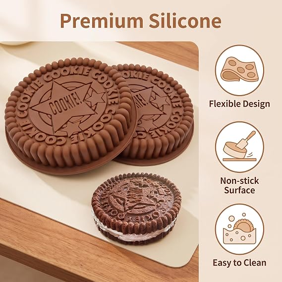 Meiyouju 2 Pieces Cookie Cake Molds, Oreo Biscuit Silicone Molds, 7.5 Inch Baking Molds Silicone Non-Stick and Quick Release Bakeware for Layer Cakes, Brownies, Baked Cakes