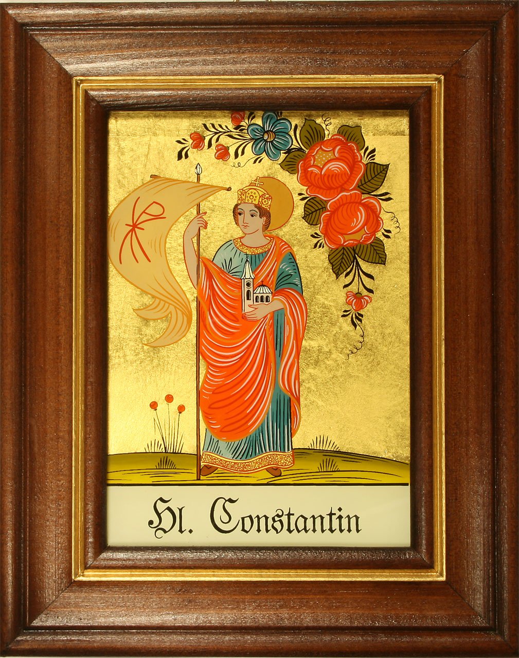 Hinterglasbild Heiliger Constantin Mit Holzrahmen – Handbemalt, 24 Karat Blattgold, Ca. 12,5 X 16 Cm | Patronatsbild Für Taufe, Kommunion, Geschenk