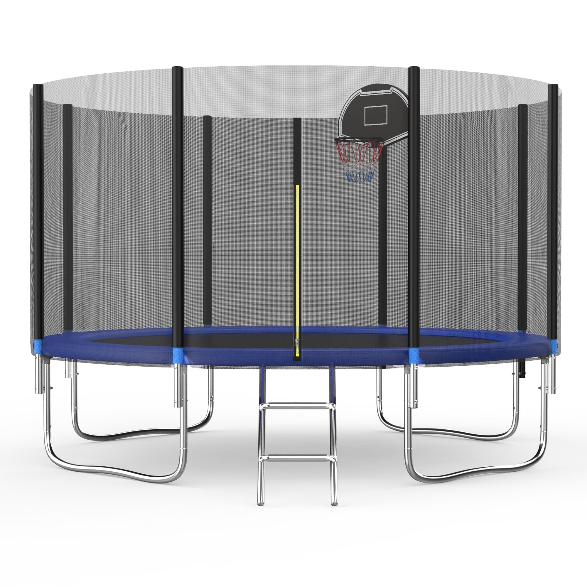 Trampolino da esterno per bambini 305 366 cm, impermeabile, design rinforzato, scala di sicurezza, capacità di carico 200-280 kg, include canestro da basket per attività ricreative in giardino