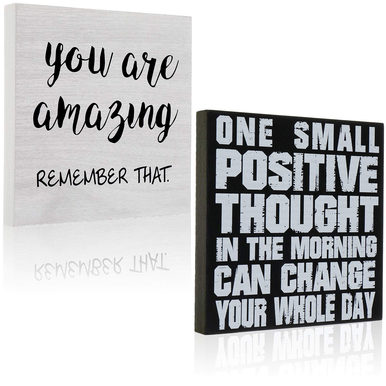 2 Pieces Wooden Inspirational Box Signs You Are Amazing Desk Home Decor Signs Rustic Positive Wood Plaque, One Small Positive Thought in the Morning Can Change Your Whole Day Sign, 5.25 Inch