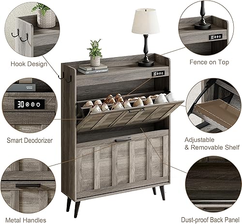 Miniatura 4 de ChooChoo Armario de almacenamiento de zapatos con 2 cajones abatibles, organizador de zapatos desodorizante para entrada, gabinete independiente
