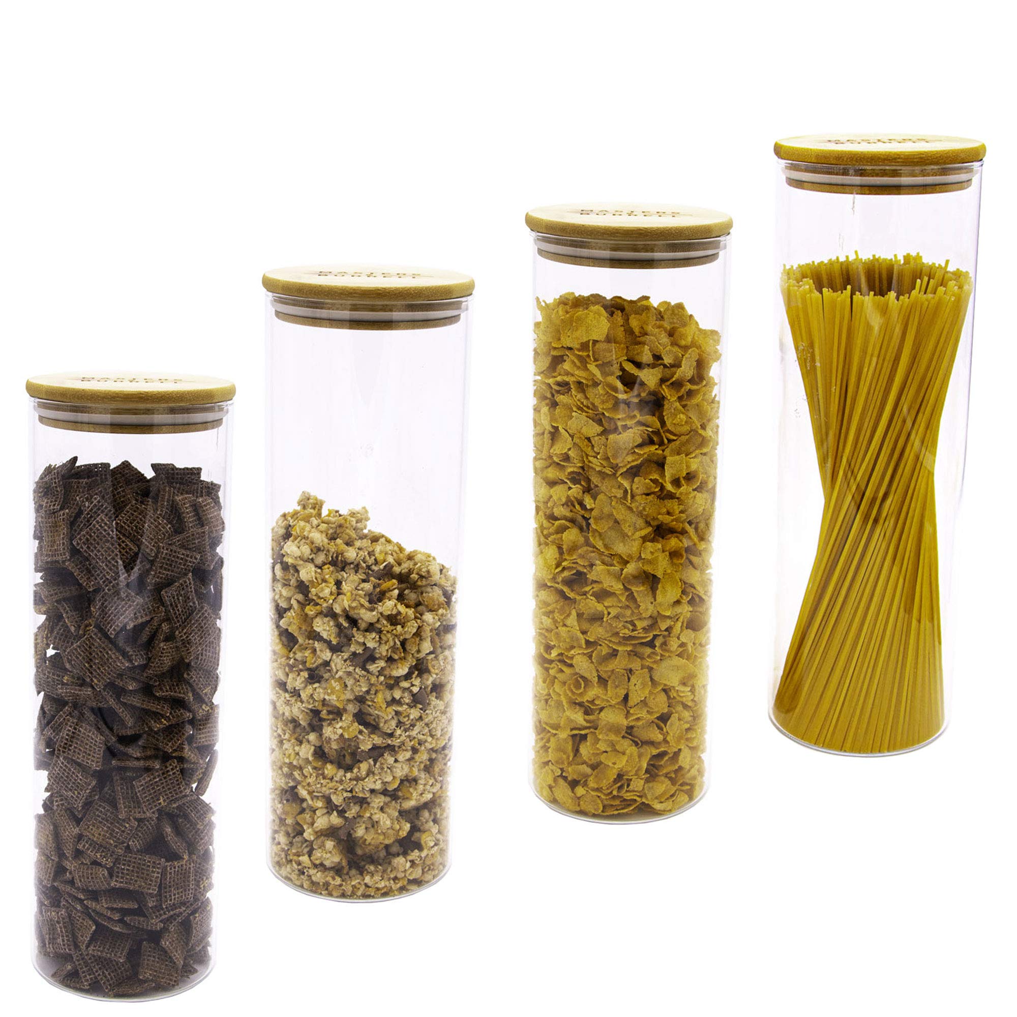 Storage Jars with Bamboo Lids Silicone Ring Airtight Glass Kitchen Food Storage Containers Clear Food Canister Includes Sticker and Chalk M&B (2500ml - 4 Pack)
