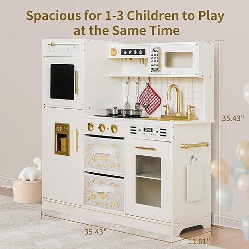 Miniatura 2 de Juego de cocina para niños de 4 a 8 años, juego de cocina de madera para niños, juguete de cocina con sonido real, luz y sistema de almacenamiento