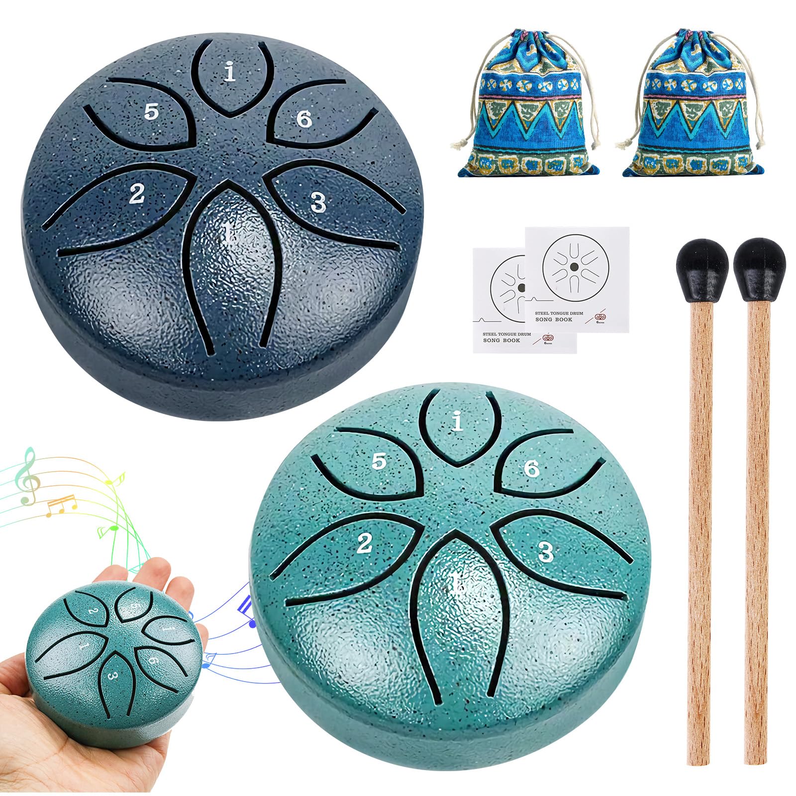 Lot de 2 mini tambours à langue en acier - 6 tons - 6 tons - Avec maillets - Pour concert, méditation, yoga, guérison par le son - Pour adultes