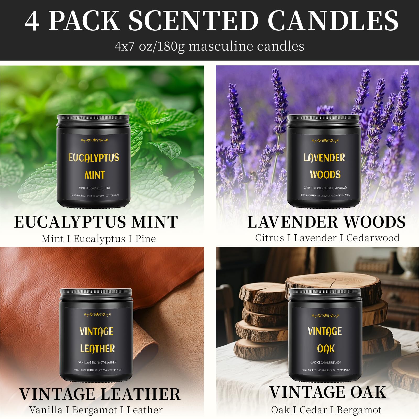 Scented Candles for Men, 4 Pack Mens Candle Set, Soy Candles for Home Scented, Masculine Candle for Him, 28oz, 200 Hours Burning Time Aromatherapy Candles of Lavender/Eucalyptus/Leather/Oak