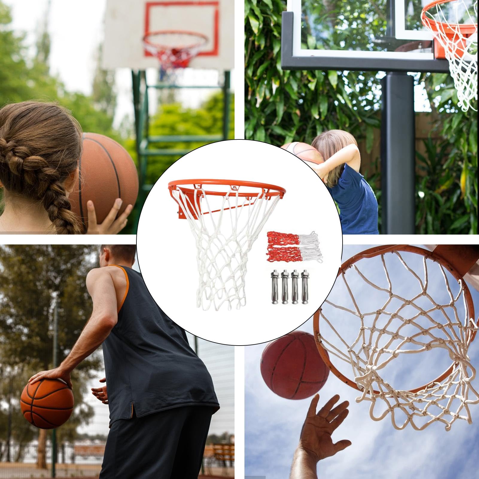 Anillo de canasta de baloncesto, anillo de canasta de baloncesto, para exterior, red de baloncesto y fijaciones de pared, con red de baloncesto, para interior y exterior, para colgar, 45 cm, para