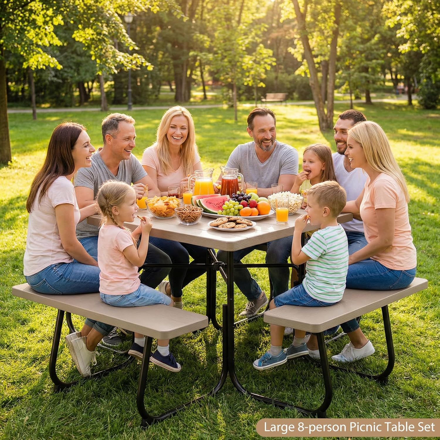Giantex Picnic Table Bench Set for 8 Persons, Square Outdoor Table and Bench with Umbrella Hole, HDPE Top & Metal Frame, 2000LBS Capacity, Patio Table Set for Deck Yard Garden, Coral Reef