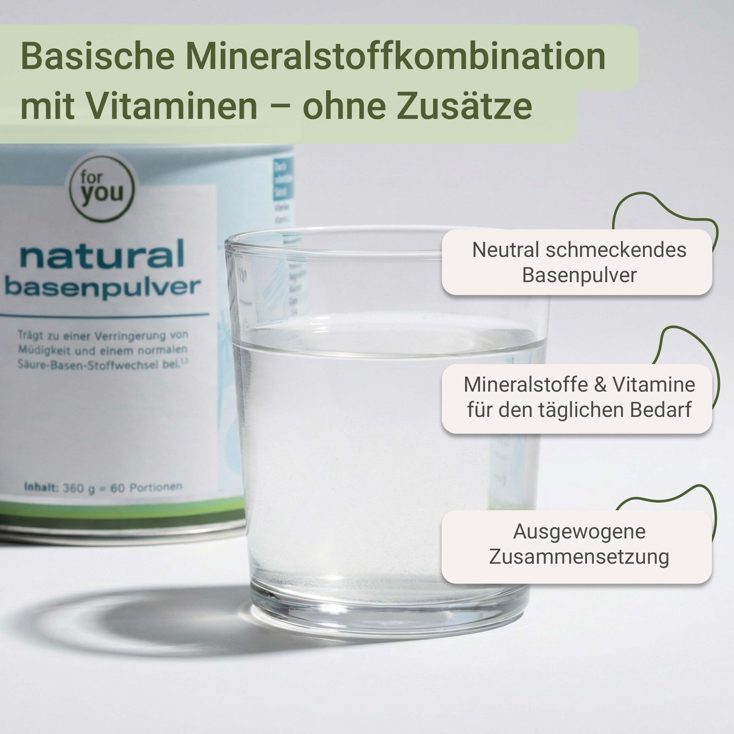 for you natural Basenpulver 360g - Basenpulver gegen Übersäuerung - 60 Portionen Basen Citrat - Mit Kalium, Calcium, Magnesium, Eisen & Zink ideal zum Basenfasten - zuckerfrei