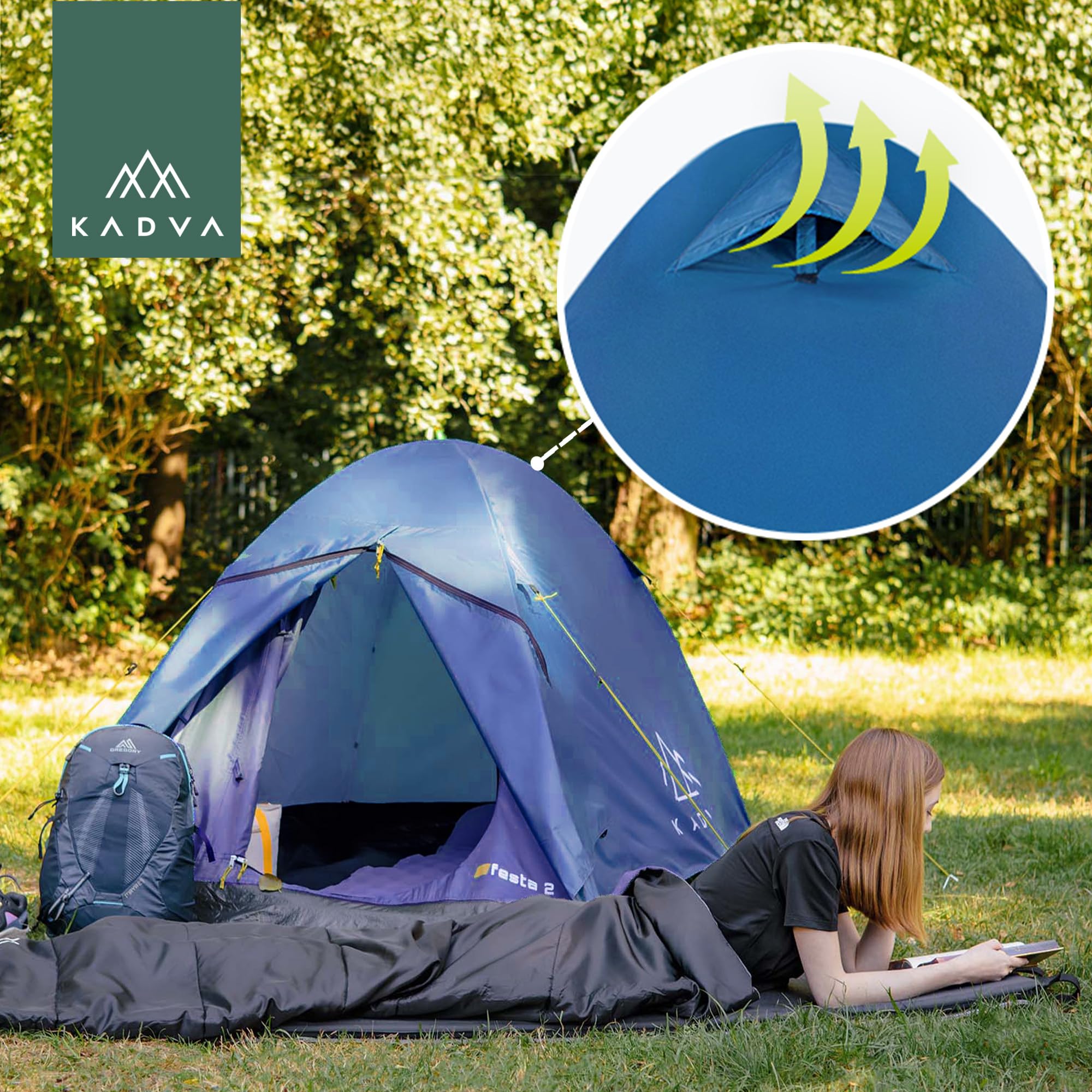 KADVA Campingzelt Festa 2 Zelt 200 x 120 x 105 cm für 2 Personen mit Moskitonetz Wasserdichtes Leichtes und Robustes Fiberglasgestell Ideal für Camping und Wandern