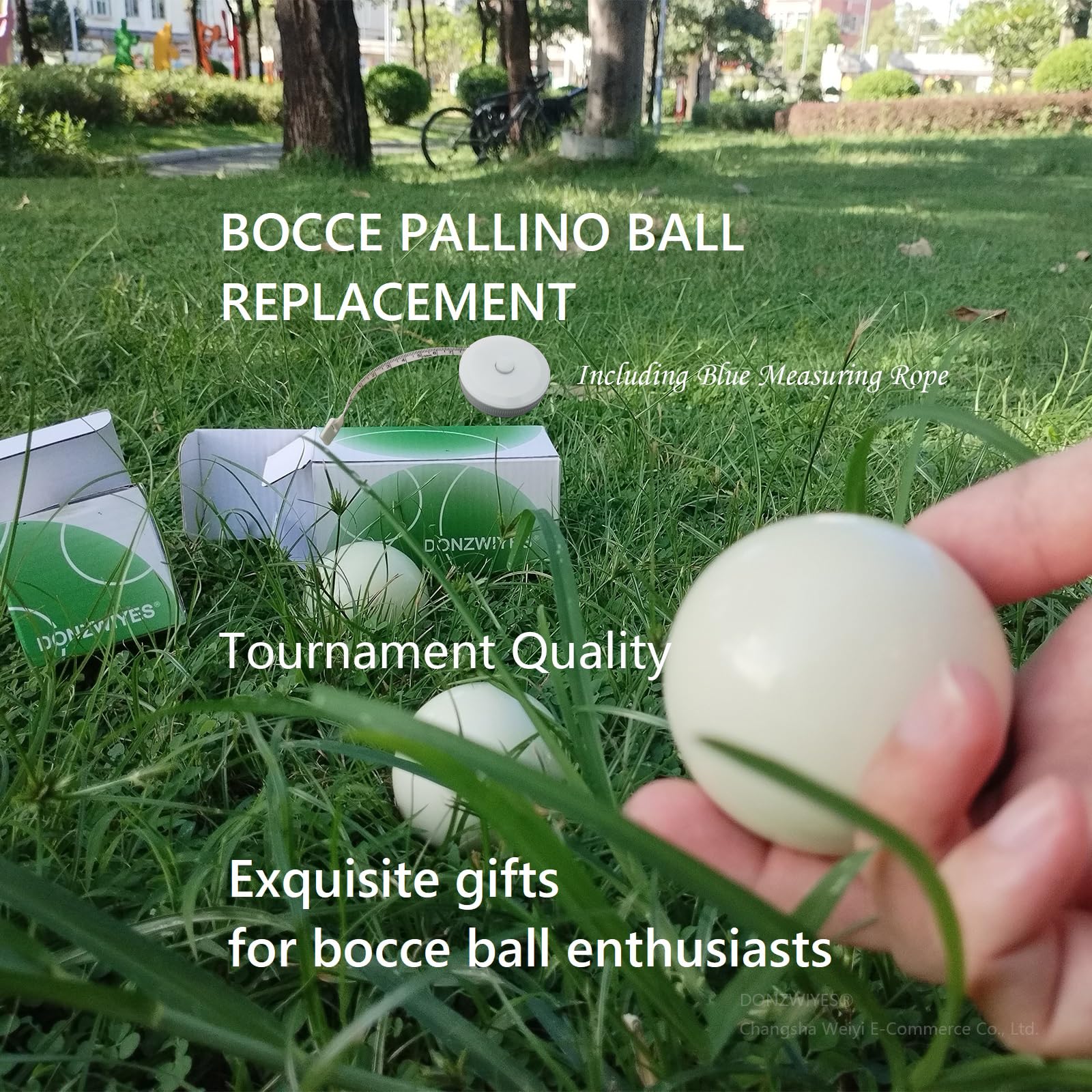 Pallino - Bola de repuesto para juego de pelota de bochas y juegos de boule, calidad de torneo, 57 mm, repuesto de bola blanca de Bocce Pallino, incluye cuerda de medición azul