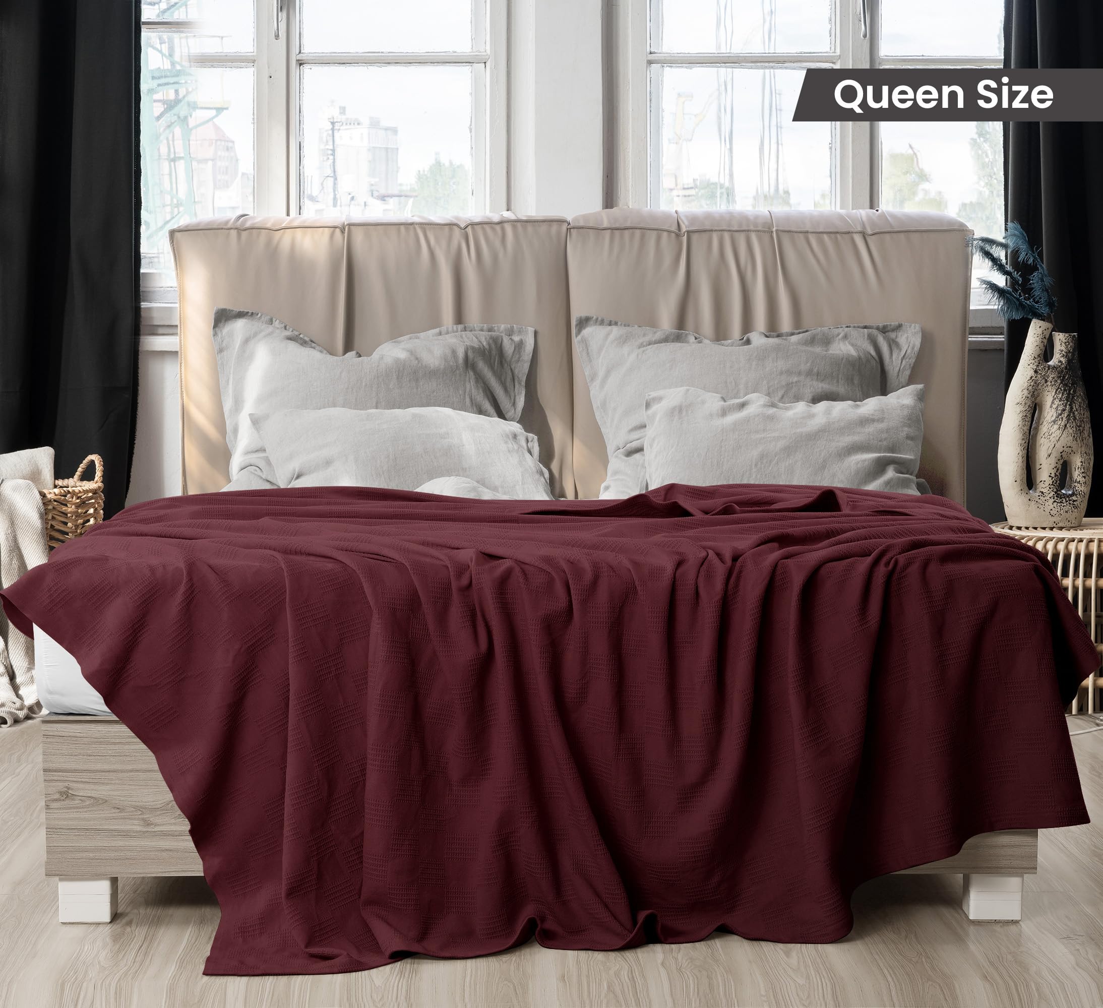 Utopia Bedding 100% bawełniany koc (rozmiar queen size, 228 x 228 cm), 350 g/m², lekki koc termiczny, miękki, oddychający, na wszystkie pory roku, bordowy