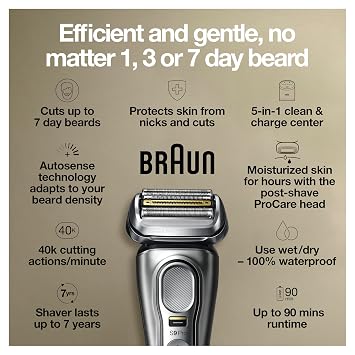 Braun Series 9 Pro 9487cc Electric Razor for Men, Wet & Dry, Rechargeable, Electric Shaver with Clean & Charge Station and ProCare Attachment, Holiday Gifts for Men