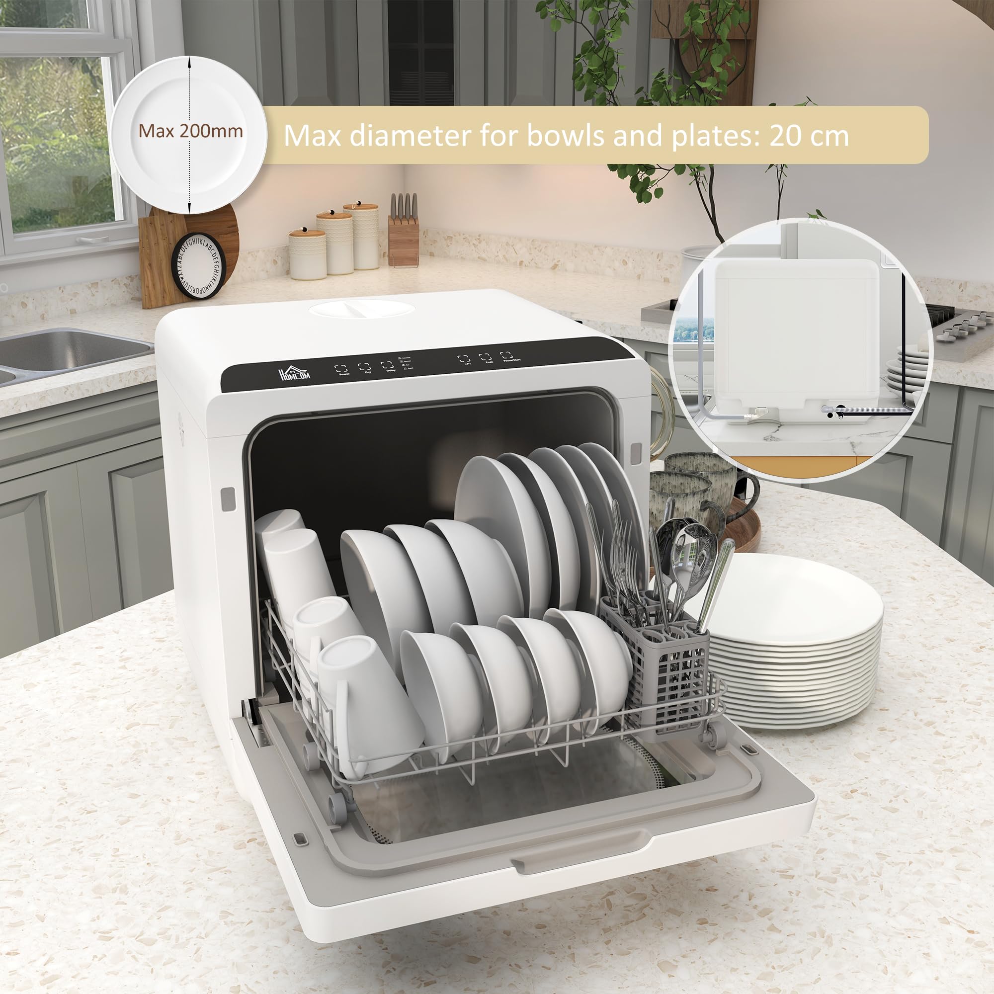 HOMCOM Mini lavastoviglie, lavastoviglie da tavolo, 5 programmi, doppia alimentazione dell'acqua e modalità di lavaggio della frutta, serbatoio dell'acqua da 6 L, comandi a sfioramento, display LED,