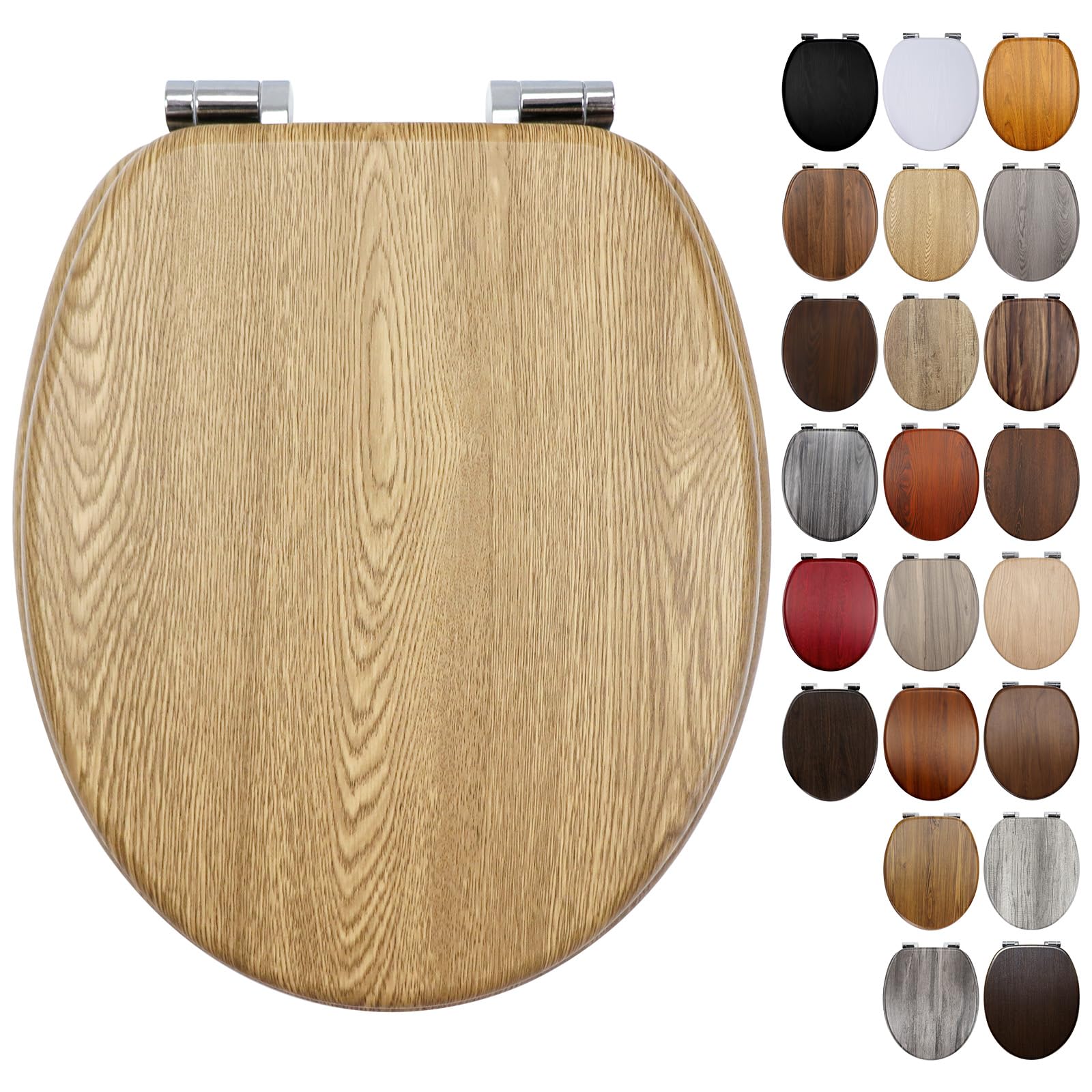 Fanmitrk Oak Wooden Toilet Seat with Soft Close Adjustable Solid Zinc Alloy Hinges, MDF Wood Oval Toilet Seat with Bottom Fixings, Easy to Clean and Install (Oak Effect) โ image 1