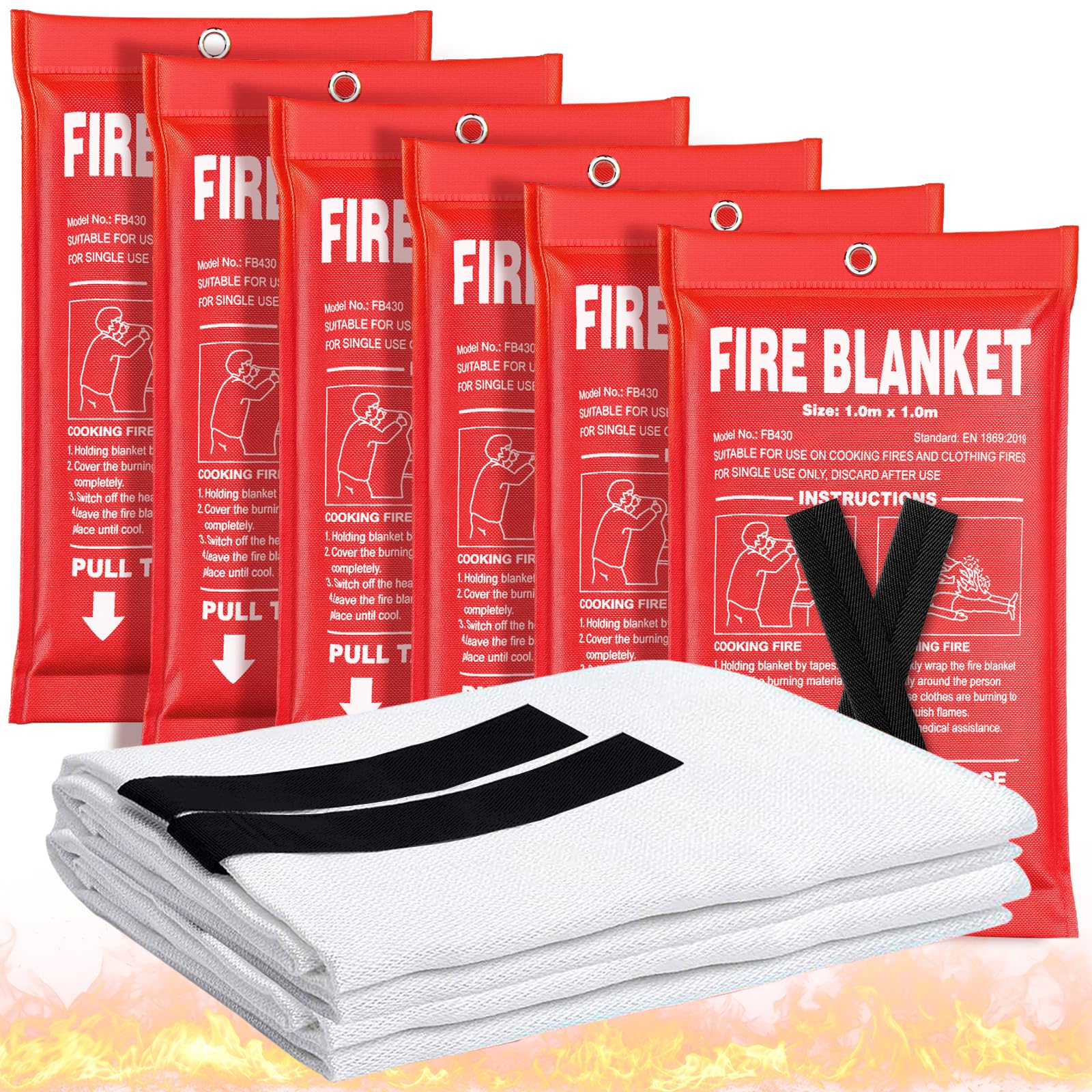 Feuerlöschdecke, 6er-Pack, 101,6 x 101,6 cm, Notfall-Feuerdecke für Zuhause und Küche, Wohnmobil, Grill, Kamin, sicher und einfach für junge Erwachsene und ältere Menschen, die allein leben