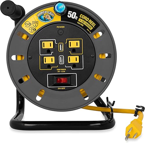 Miniatura 7 de Camco Carrete de cable de extensión RV de 30 pies y 10 amperios, clasificado para 125 V1,250 W, cuenta con 4 tomas eléctricas de 125 V y 2 puertos