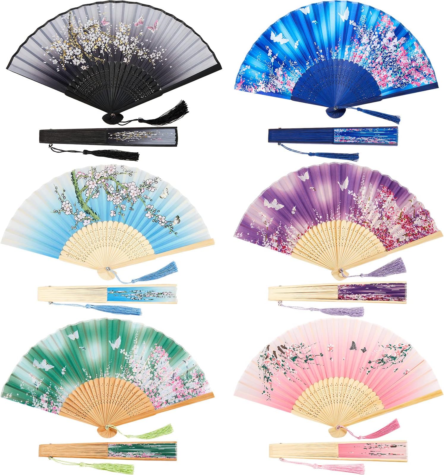 Barydat 6 Pcs Folding Hand Fans for Line Dancing Foldable Chinese Fans for Women Girls Vintage Bamboo Handheld Silk Fabric Decorations for Wedding Dancing Party Cosplay Supplies(Classic Style)