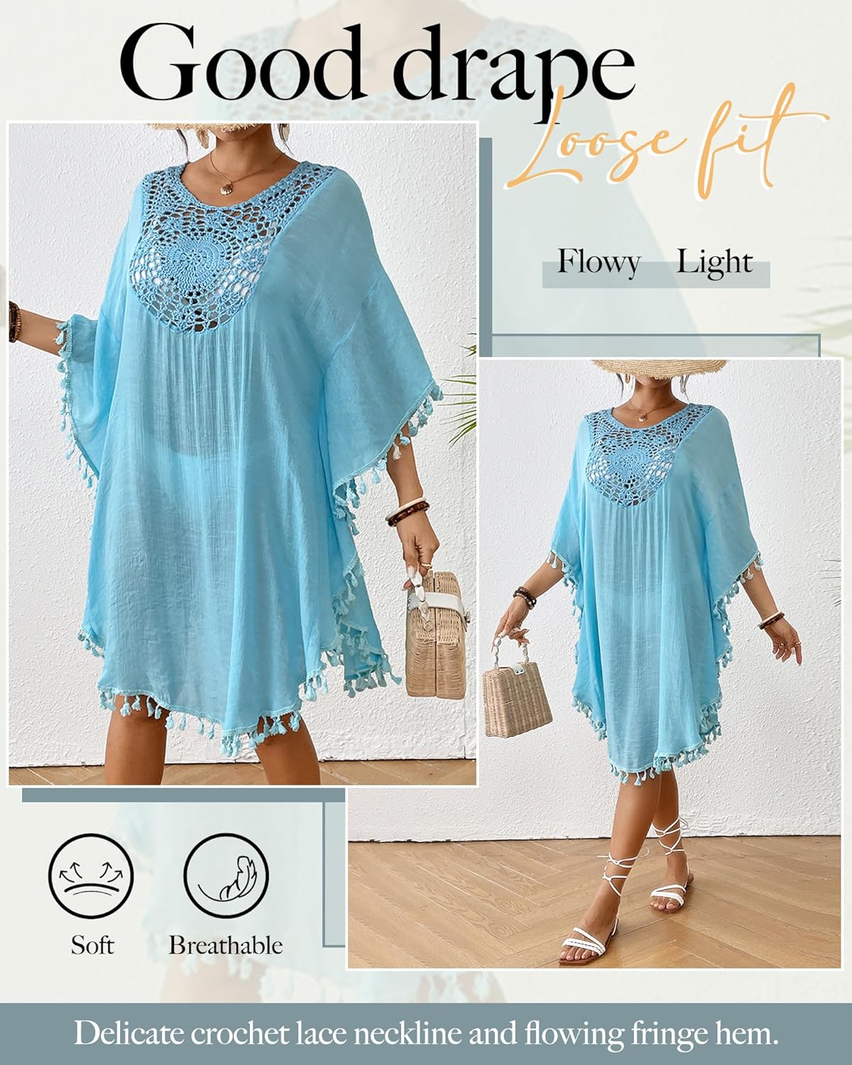 Women's Swimsuit Coverup Crochet Chiffon Tassel Cover Ups Dress Summer Swimwear Beach Lace Pullover Bathing Suit - Image 3