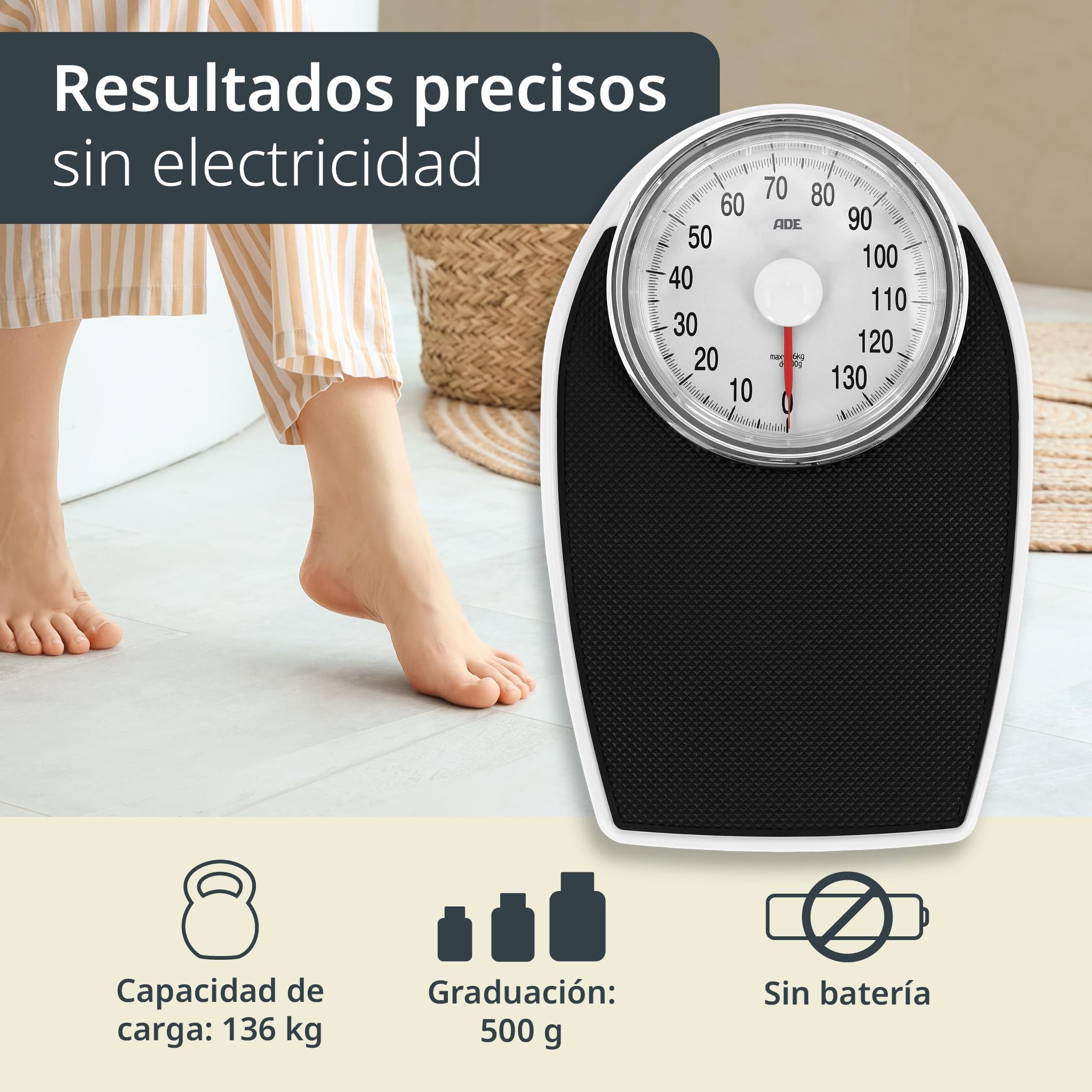 ADE Báscula mecánica de baño | aspecto retro | superficie de pesaje antideslizante | báscula personal analógica | dial grande y fácil de leer | sin pilas | hasta 136 kg | negra