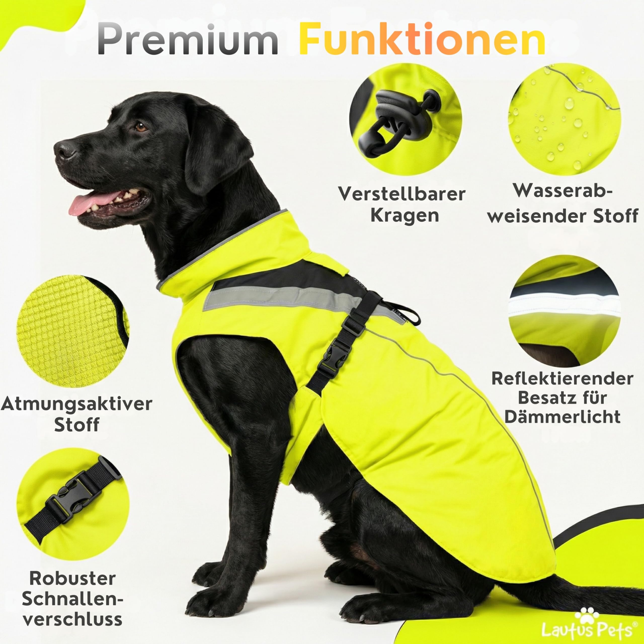 Wasserdichter Hunderegenmantel, reflektierenden Sicherheitsstreifen & Leinenöffnung – Leichte, Jacke für mittelgroße Hunde von Lautus Pets - XL, Gelb
