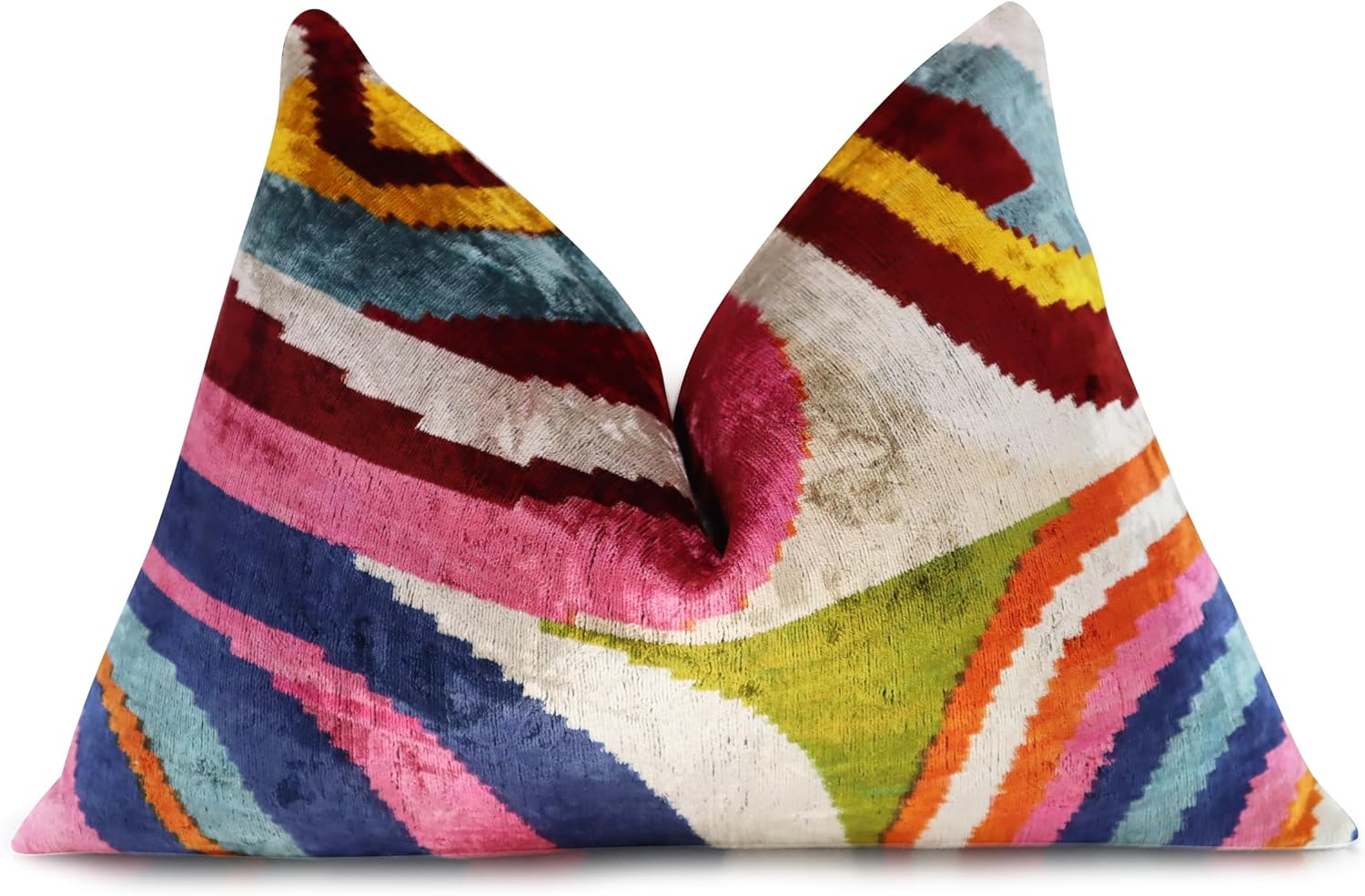 CANVELLO Handmade Multi-Color Rainbow Silk Velvet Throw Pillow – 16x24 Inch, Naturally Dyed, Decorative Accent Cushion with Down Feather Insert – Luxury Bohemian Ikat Pattern for Sofa & Bed