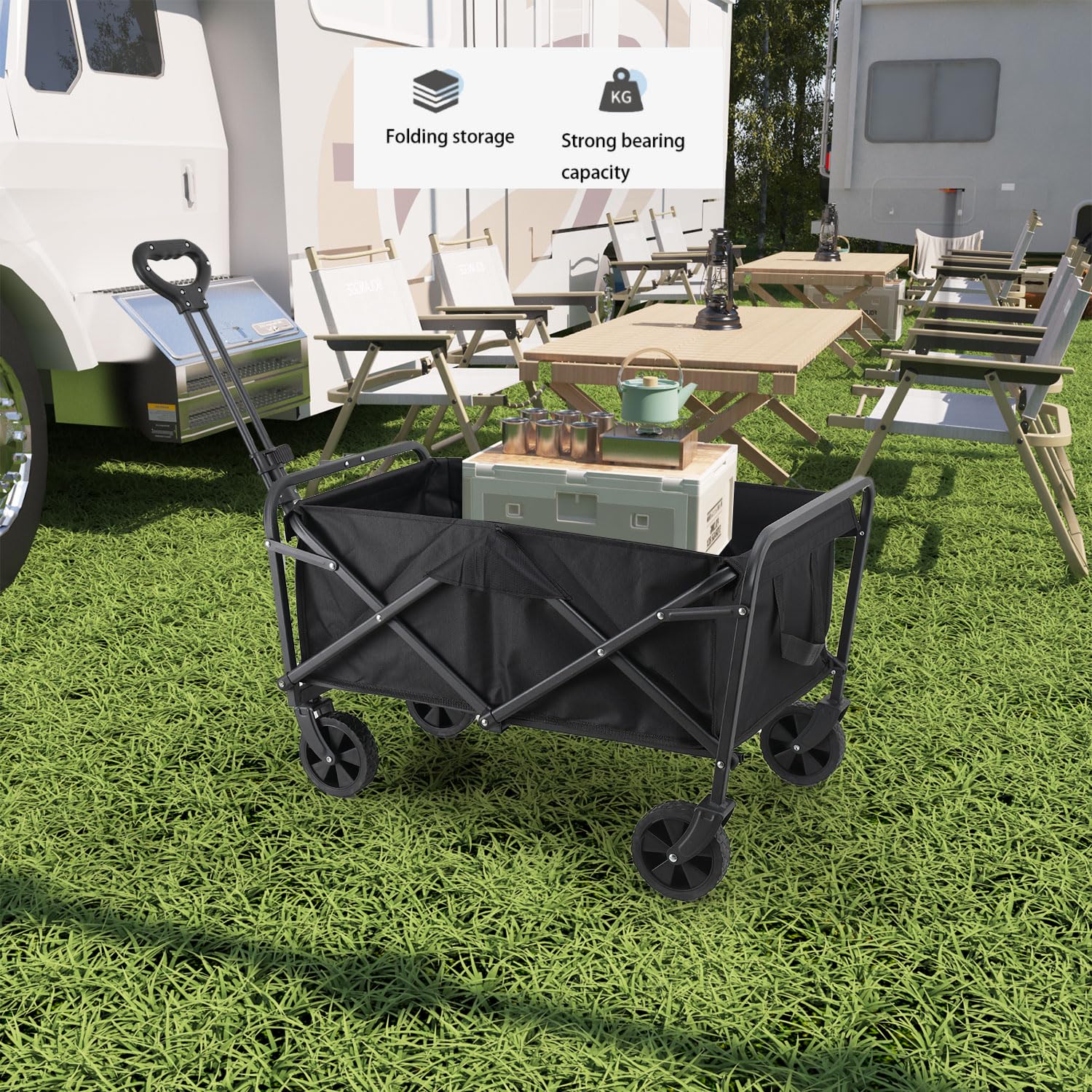 Carrello Pieghevole Con Ruote per Campeggio e Spiaggia, Struttura in Acciaio 80 kg, Ruote Girevoli 360°, Manico Regolabile, Ampio Carrello Portatutto