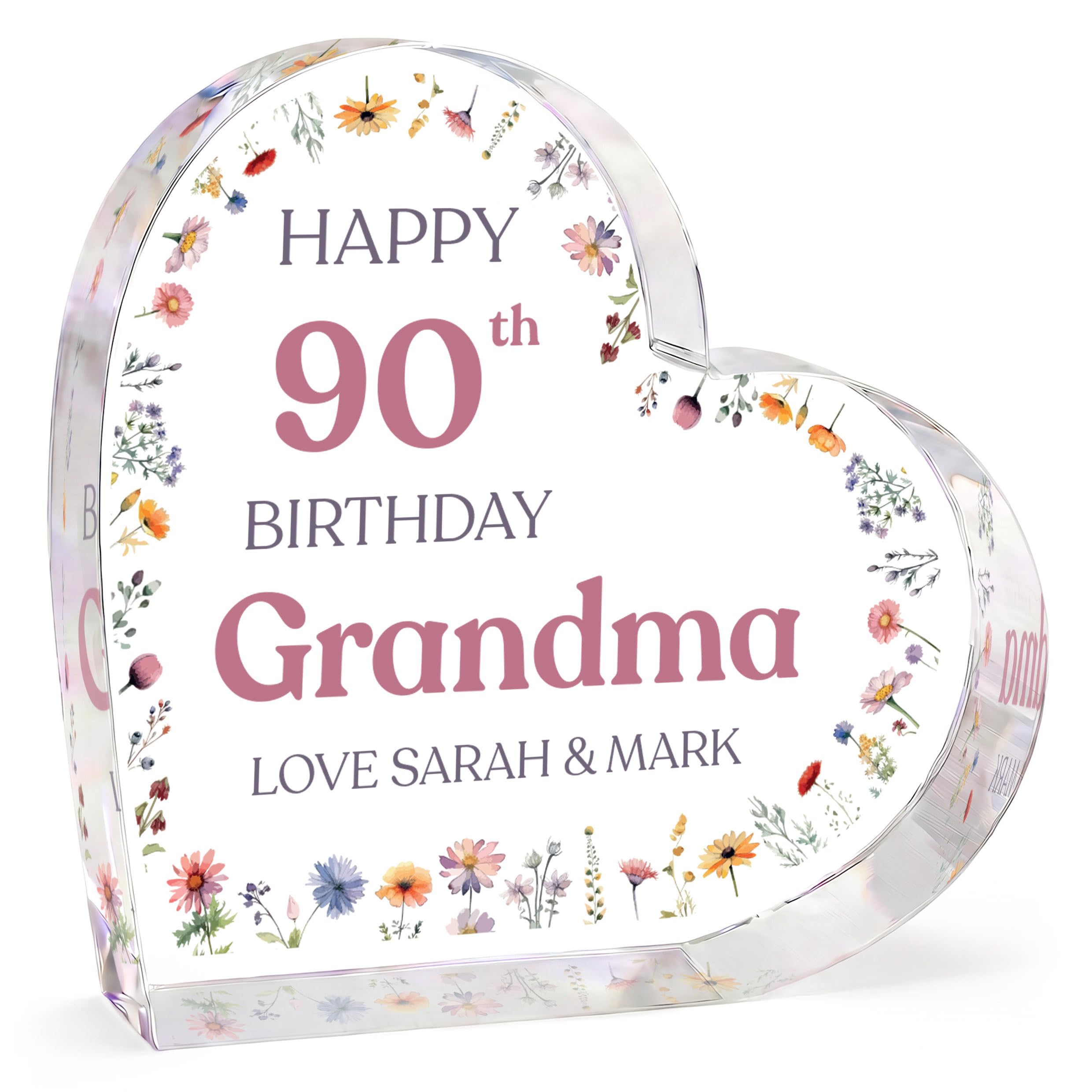 Beecreative Personalised 90th Birthday Gifts for Mum Nan Nana Her, 90 Years Old Gift For Women, 90th Birthday Keepsake Acrylic Heart Plaque, 70th 80th 100th Birthday, With Grey Bag